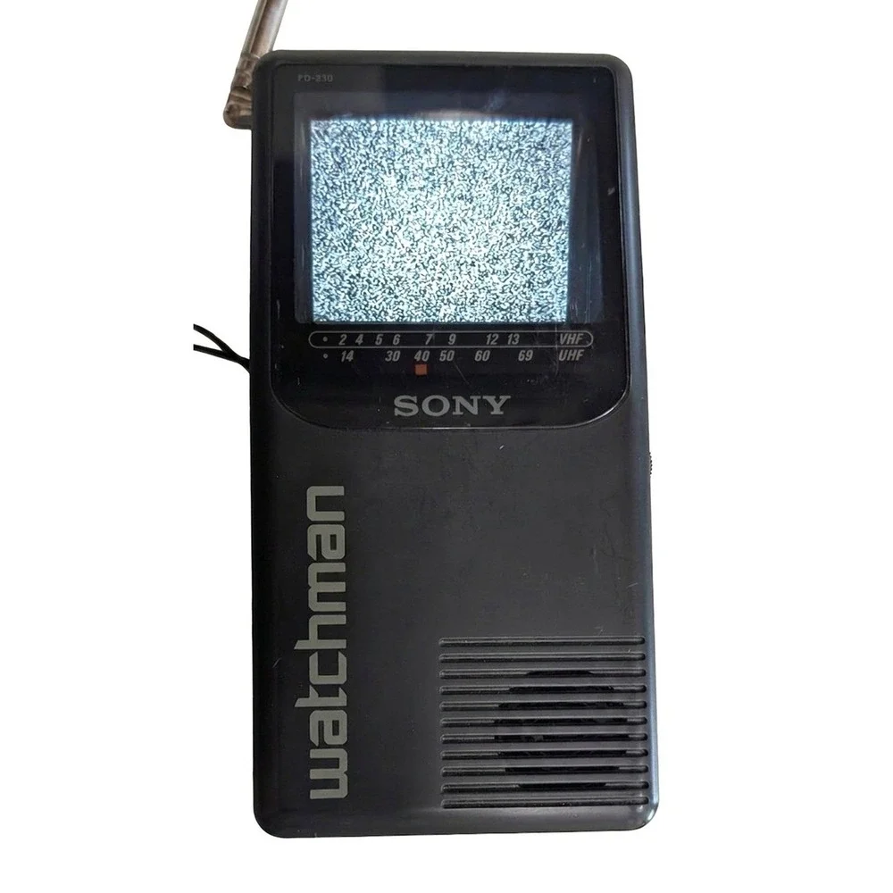 Sony Watchman Model FD-230 Flat Black and White TV, Antenna, Wrist Strap